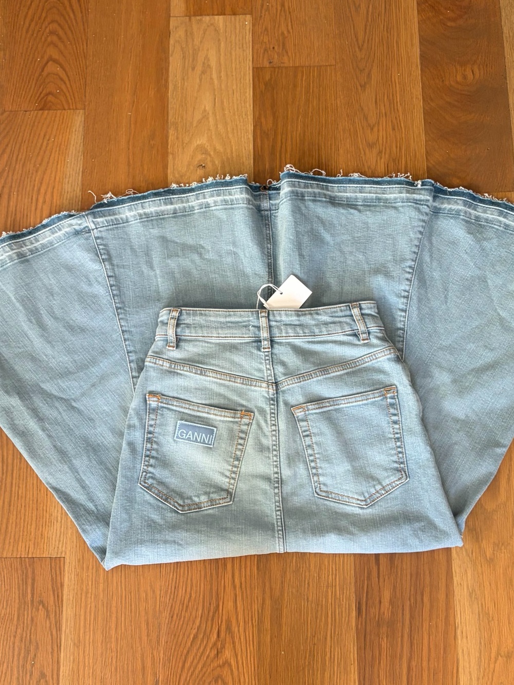 Ganni Light Wash Denim Midi Skirt with Frayed Hem NWT